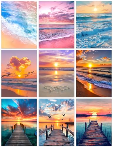 DPARTGMJT 9 Pack Beach Diamond Art Kits for Adults Multipack Sunset Diamond Painting Kit for Adults 5D DIY Round Drill Gem Art Adult Diamonds Dots Kits for Home Wall Decor Gift 12x16in (Landscape)