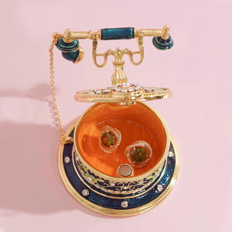 Vintage Telephone Trinket Box, Enameled Jewelry Box with Rhinestones, Teal and Gold