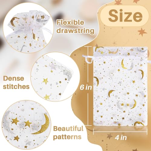 Image of Sukh 100pcs Organza Bags 4 inchx6 inch - Moon Star Small Gift Bags Bulk Party Favor Mesh Bags Drawstring Goodie Wrap Pouch Bags Candy Jewelry Sachet Bracelet Fruit Protection Bags Wedding Halloween Christmas