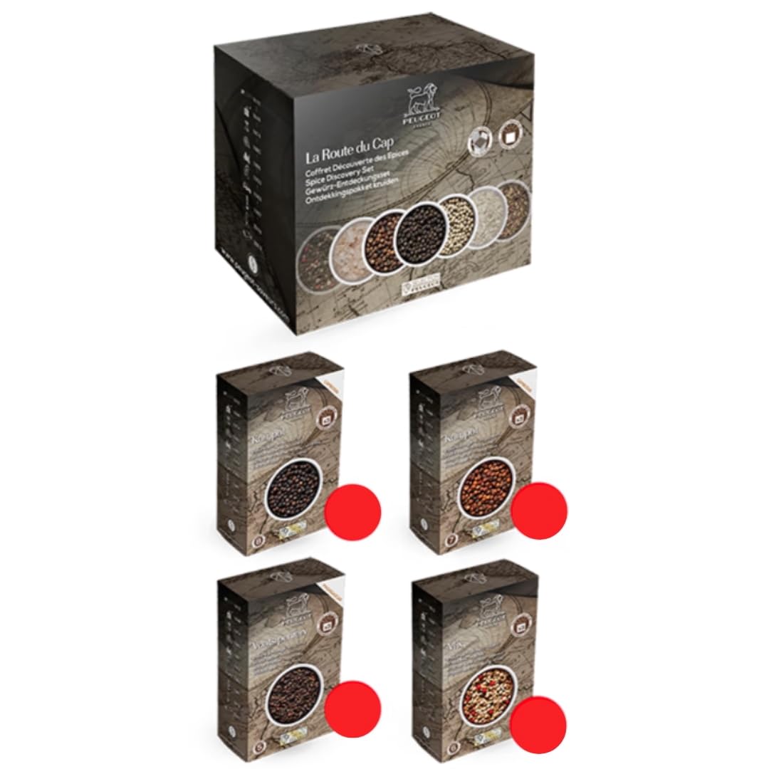 PEUGEOT - Multipack Poivres Premium - Kampot Noir & Rouge, Voatsiperifery, Mélange Fraîcheur - Origines Cambodge et Madagascar - Sachets Triple Protection - 4x60g