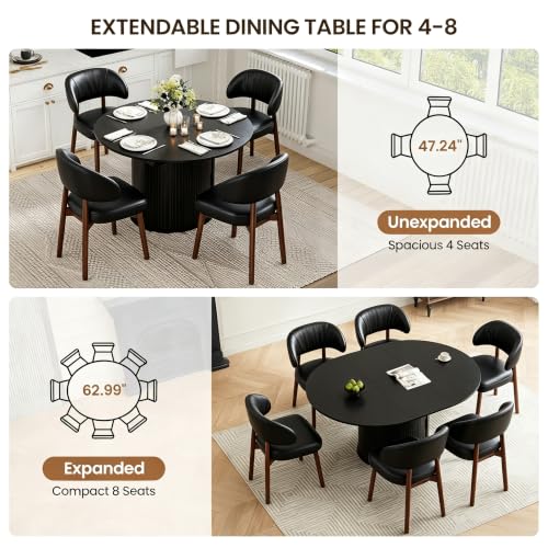 Image of MALOL 47 inch-63 inch Extendable Round to Oval Dining Table Chairs Set for 4-8, Modern Wooden Kitchen Table and Chairs with Hidden Storage and Fluted Design for Dining Room /Small Space(Black)