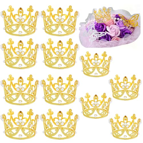12PCS Crown Cake Topper for Flower Bouquets Pearl Tiara Princess Gold Crown for Wedding Birthday Baby Shower Party Decor