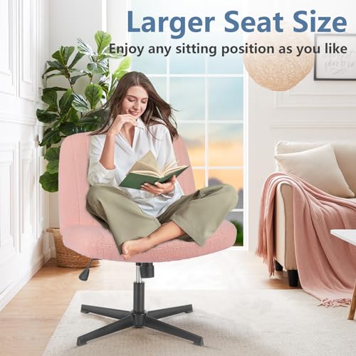 Image of DUMOS Criss Cross Chair No Wheels, Cross Legged Office Desk Armless Vanity Chiar Wide Seat, Height Adjustable Swivel Computer Task Chairs for Home Bedroom, Pink Teddy