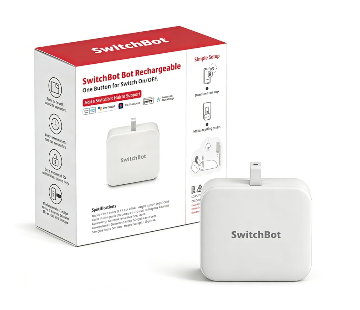 SwitchBot Smart Bluetooth Switch Toggle (Wiederaufladbar) - Fingerbot für Schalter, 1,0kgf, USB-C, App-Timer, fügen Sie Hub hinzu für Alexa, Siri & Matter