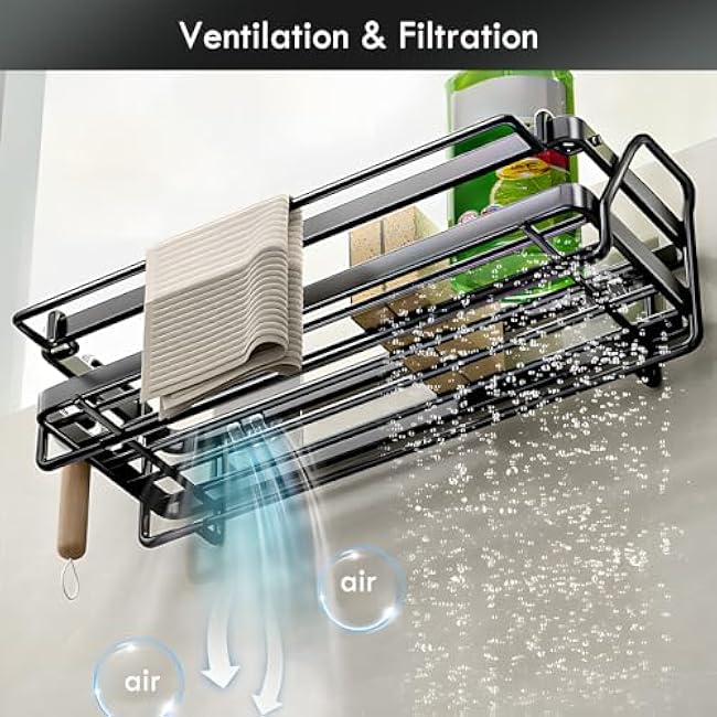 LBTING Sponge Holder for Kitchen Sink, Wall Mounted Sink Caddy with Self-Draining Drain Tray, Stainless Steel Kitchen Sink Caddy for Organizing Sponge, Brush, Soap Dish Dispenser ¨C Black