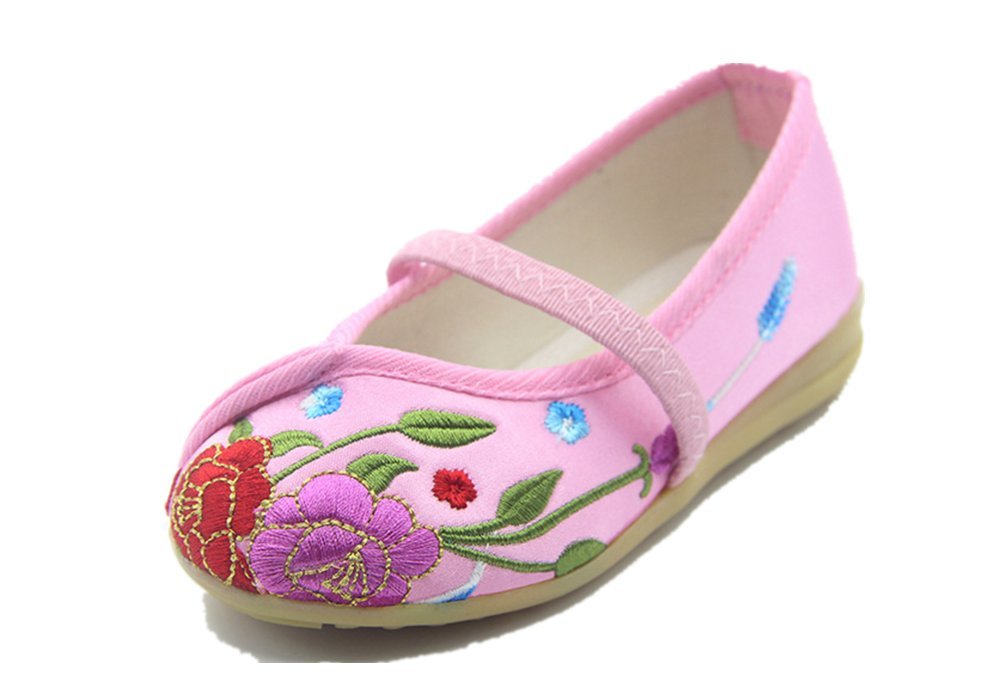 Tianrui Crown Children Girl's Flower Embroidery Loafer Shoes Kid's Cute Flat Dance Shoe Pink