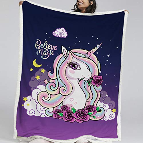 BlessLiving Unicorn Throw Blanket 3D Fantastic Unicorn Face with Pastel Rainbow Hair Purple Fleece Blanket for Kids Teen Boys Girls (Twin, 60 x 80 Inches)