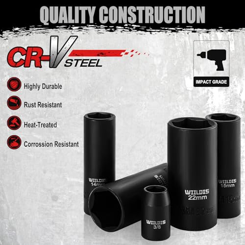 Image of WIILDIS 3 /8 inch Drive Impact Socket Set, 48-Piece Standard SAE (5 /16 inch to 3 /4 inch) and Metric (8-22mm) Size, CRV,3 inch and 6 inch Drive Extension Bar,Impact Universal Joint,3 /8 inch to 1 /2 inch Impact Adaptor