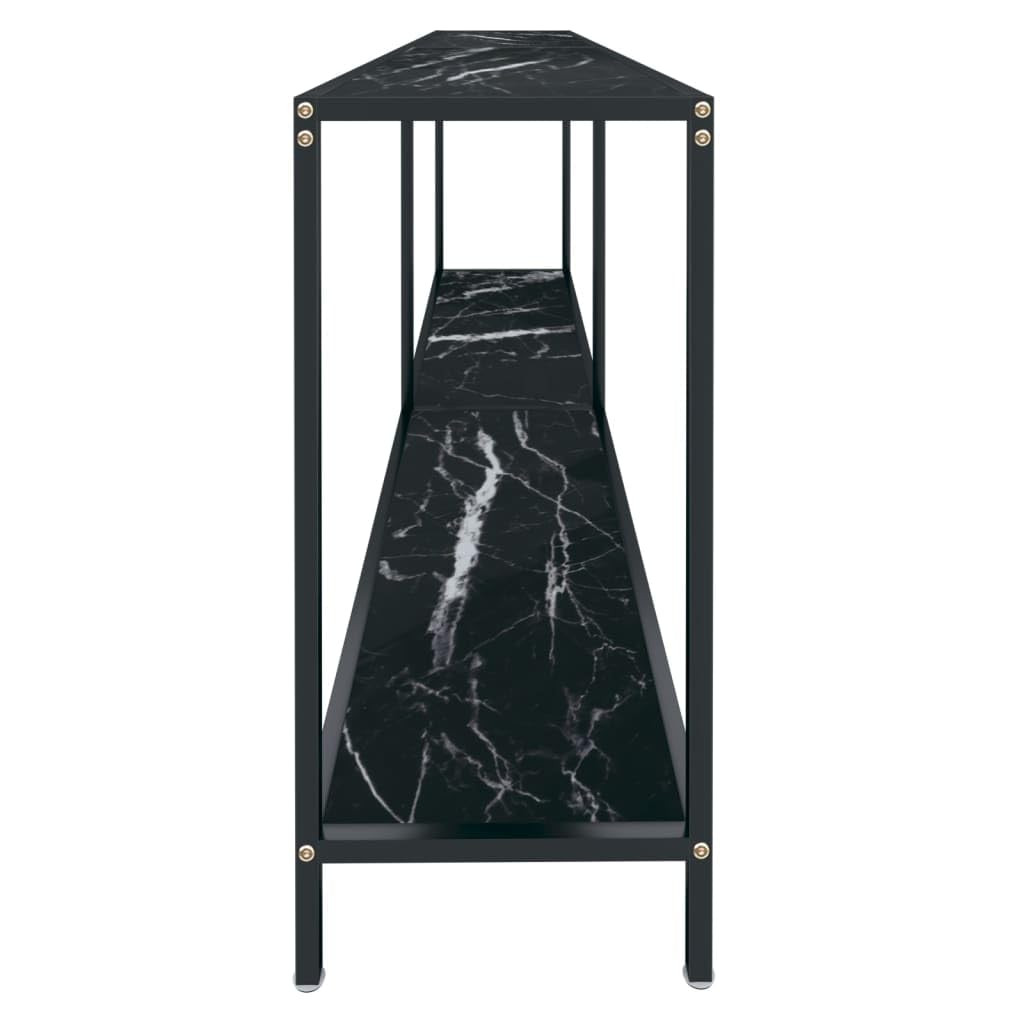 Stolik konsolowy, czarny, 200 x 35 x 75,5 cm, szkło hartowane, stal malowana proszkowo, elegancki stół do przedpokoju z dolną półką, uniwersalny stół do odkładania rzeczy do salonu, stabilny