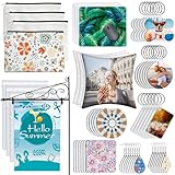 114Pcs Sublimation Blanks Products, Sublimation Blanks Set Including DIY Blank Makeup Bag, Keychain, Earring, Pillow Cover, Mouse Pad, Coaster, Garden Flag for Sublimation Transfer Easter Craft