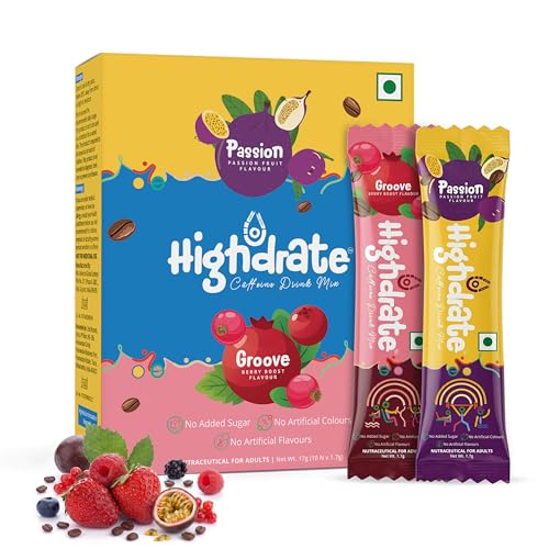 Image of Highdrate Caffeine Drink Mix for Energy & Daily Hydration | 80mg Caffeine Powder for Focus & Performance| Make Water Tasty with Natural Passion Fruit & Berry Flavours, No Added Sugar (10 Sticks - 17g)