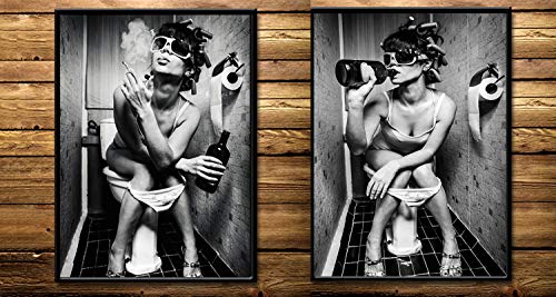 Black&White Woman On Toilet Print Wall Art Décor For Bathroom Toilet Unruly Capricious Wayward Bathroom Toilet Cloakroom,Woman Girl Portrait Photography Art Canvas Print Poster Pictures Paintings Murals,No Frame #TOP7