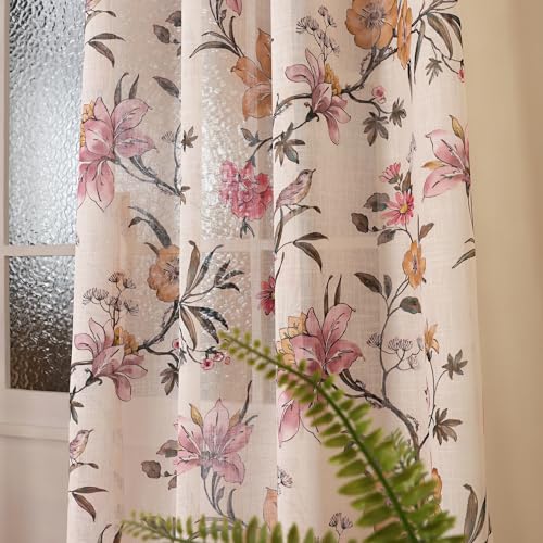 Image of Story@Home Sheer Curtains 8 Feet Long Set of 2 | Floral Printed | Semi Transparent Net Curtain | Semi Long Door Curtain for Living Room | (118 X 242 Cm, Cream & Pink) | Perfect for Home Decor
