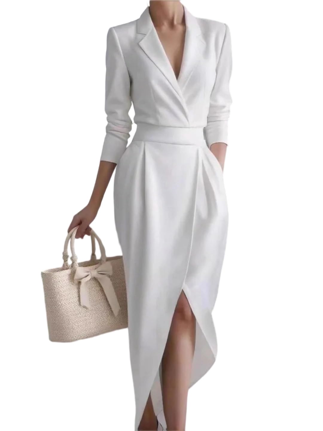 Womens Solid Color Sexy V-Neck Lapel Long Sleeve Commuter Office Rule Dress