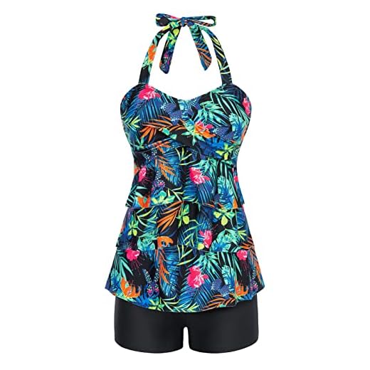 Women's Halter Two Piece Tankini Swimsuits with Boy Shorts Black Green Leaves M