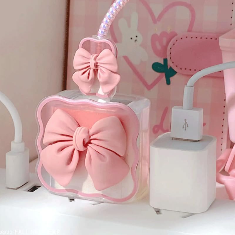 Image of 3D Bow Design Case Cover for iPhone Adapter Compatible with 18W and 20W Charger Only 360 Full Protection Silicone Case Cover 5 in 1. (Pink Bow)