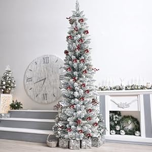 KTKDE 6ft Snow Flocked Artificial Pencil Christmas Tree, Snow Unlit Slim Xmas Tree with 30 Pine Cones & 30 red Fruits, Metal Stand, for Indoor Holiday Home Office Décor