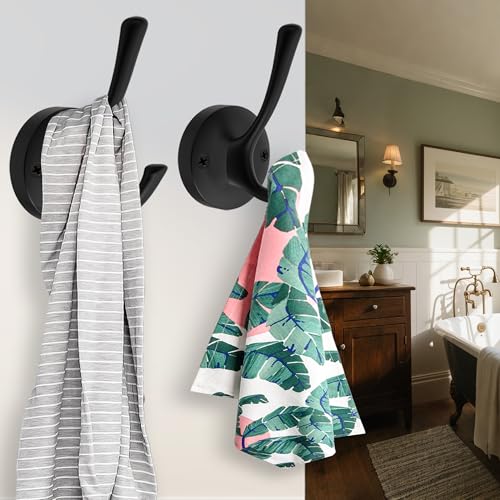 TOFIIGREM Black Towel Hooks, 2 Pack Coat Robe Hook Heavy Duty Metal Double Bathrobe Hook Wall Mounted, Hand Towels Hooks for Cubicle Bathroom Kitchen Closet Garage