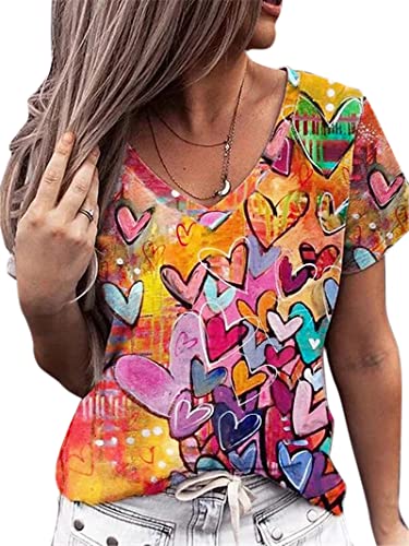 Cute Heart Graphics T-Shirt Women Valentines Shirt Colorful Dye Love Printed V-Neck Short Sleeves Retro Tee Top