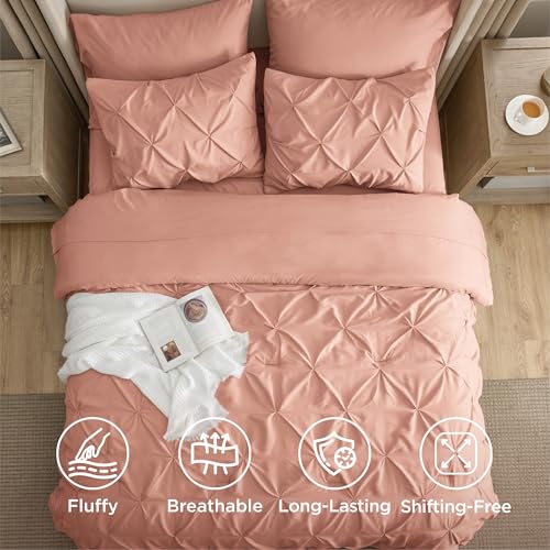 Image of Bedsure Queen Comforter Set Dusty Pink - Bed in a Bag Queen Size Bedding 7 Pieces, GentleSoft Pintuck Bed Set Gift for Family, All Season Down Alternative Comforter with Sheets, Pillowcases & Shams