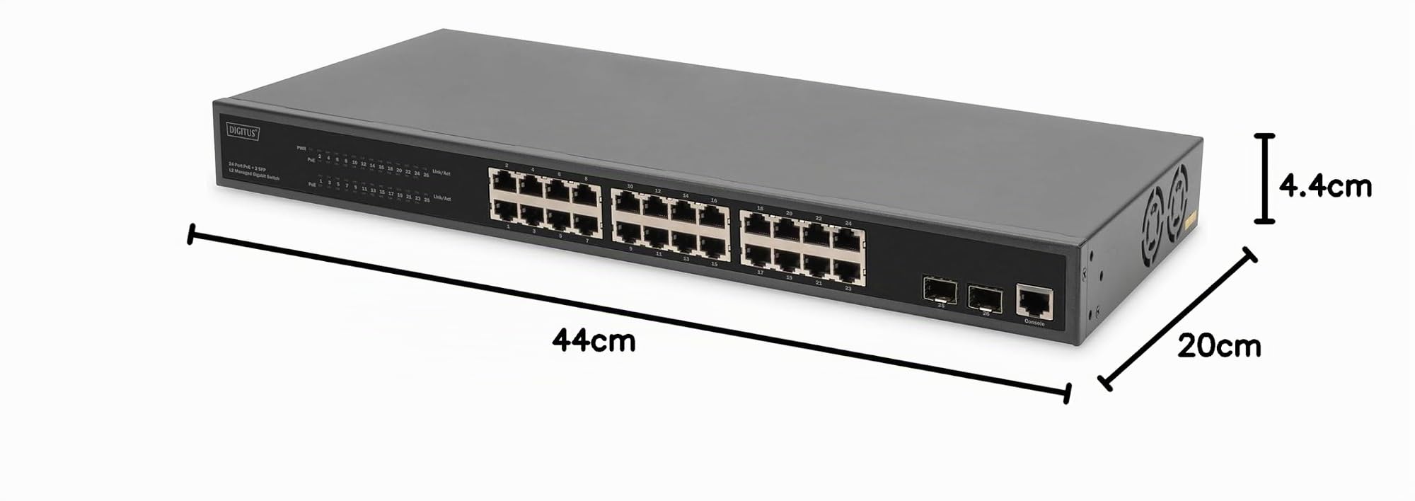 DIGITUS 27-Port Managed Gigabit PoE Netzwerk-Switch - 24 RJ45-Ports - 2 SFP-Ports - 1 Console-Port - 450W PoE-Budget - L2 Features - 19 Zoll - 10/100/1000 Mbps - schwarz, (DN-95359)