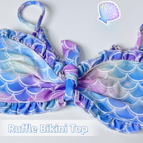 Image of Girls Mermaid Swimsuit 3 Piece Bathing Suits, Adjustable Ruffled Bikini Top, with Cover up Skirt Fish Scale Design for 3-10Y