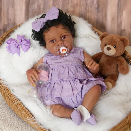 Image of KSBD Reborn Baby Doll Black Girl - 18 Inch Weighted Lifelike Realistic African American, Newborn Real Life Handcrafted Toddler Baby with Hair, Soft Cloth Body and Accessories Gift Set for Kids Age 3+