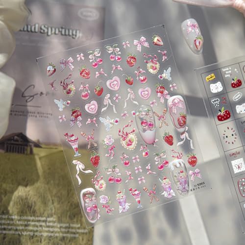 Image of Pink Nail Stickers Decals Bow Heart Nail Art Stickers with Strawberry Cherry Design 5D Embossed Self Adhesive Cute Nails Charms for Women Girls Manicure Decoration Accessories