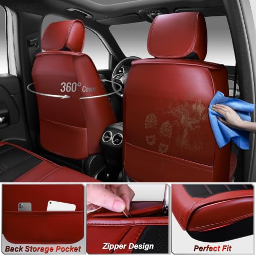 Image of CAR PASS Nappa Leather Car Seat Covers Full Set Faux Leather, Black Red | Luxury Nappa Leather,360 Full Protection,Water resistant,3D Foam Comfort,Universal Fit for Most Cars SUV Truck,Scratch proof