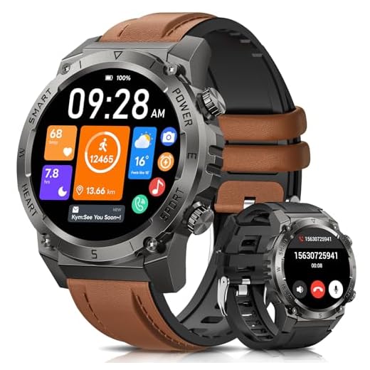 Montre Connectée Homme Militaire 500mAH 1.46" HD Smartwatch Homme avec Appel Bluetooth, 24/7 Sommeil/Fréquence Cardiaque/Podomètre 110 Sportifs IP68 Étanche Montre Sport Android iOS 2 Bracelets Marron