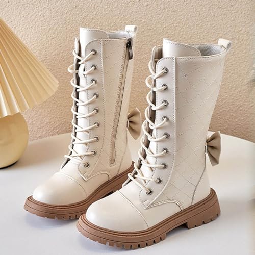 Girls Knee High Boots Fashion Diamond Grid Side Zipper Lace-up Long Boots Outdoor High Top Combat Shoes2