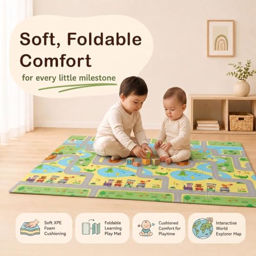 Image of StarAndDaisy Foldable Baby Play Mat 5 x 6.5 ft, 6MM Thick XPE Foam Playmat, Reversible 2-in-1 Design, Lightweight Cushioned Floor Mat for Crawling, Playing & Learning