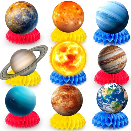 Huxolynifty Ornamento a Nido d'Ape Astronauta, 9pcs Pianeta Tavolo Topper Decorazione/Decorazione della Festa Favi Spaziali, Sistema Solare Decorazioni a Nido d'Ape per Feste di Spazio Esterno