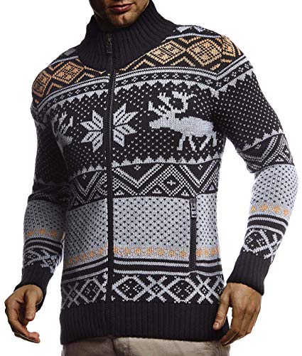 Leif Nelson Herren Strickjacke Stehkragen Norwegerjacke Schwarze Winterjacke Freizeitjacke Männer Jacke für Weihnachten Winter Norweger Muster Übergangsjacke Slim Fit LN20759 XXL Anthrazit
