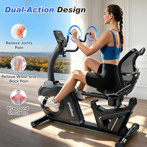 pooboo Recumbent Exercise Bike, Stationary Bikes for Home with Arm Exerciser, Magnetic Recumbent Bike with Ergonomic Backrest & Comfortable Seat, Smart APP, Pulse Sensor, 400LBS Weight Capacity - Image 4