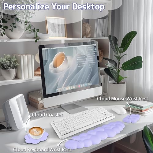Image of Sushret Cloud Wrist Rest Keyboard, Cloud Keyboard Wrist Pad Set with PU Leather Memory Foam, Cute Arm Rest for Palm Support, PC /Gaming Desk Accessories /Office Setup /Computer Hand Cushion - Purple