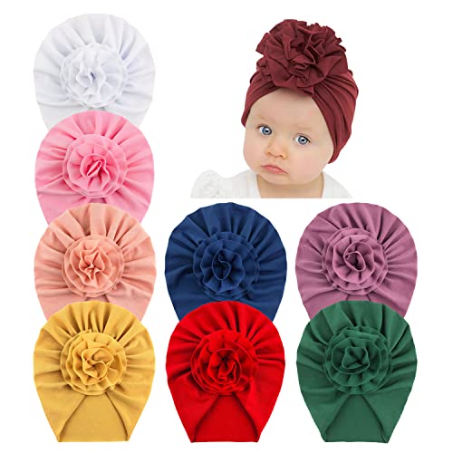 Image of inSowni 8 Pack Solid Nursery Hospital Turban Hat Cap Beanie Bonnet with Flower for Baby Girls Toddlers Newborns Infants