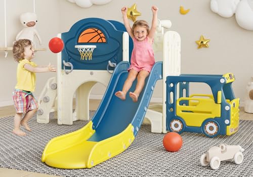 Image of NYEEKOY 9-in-1 Toddler Slide, Bus-Themed Baby Slide and Climber Playset with Basketball Hoop, Ring-Toss, Car Playhouse, Kids Indoor and Outdoor Playground