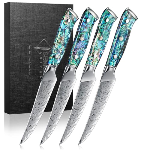 SENKEN 4-Piece Damascus Steak Knife Set, Non-Serrated Blades, Real Abalone Shell Handle, 