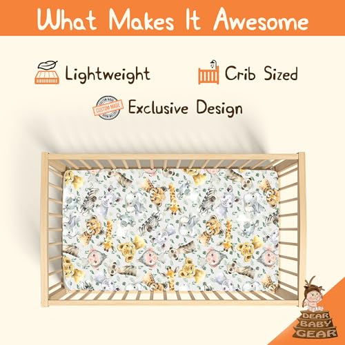 Image of Dear Baby Gear Deluxe Baby Crib Sheet - Cotton Polyester Infant Sheets - Soft Machine-Washable Crib Mattress Cover - Newborn Nursery Bedsheet -Safari Animals with Palm Leaves Print, 52x28x10
