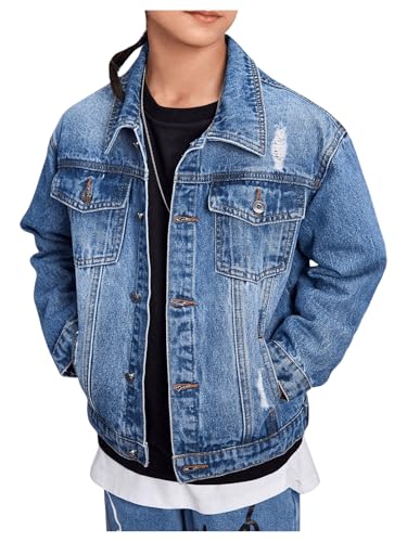 Boy's Denim Jacket Ripped Long Sleeve Button Down Jeans Jacket with Pocket