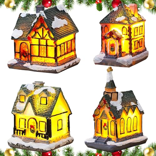 Daity Weihnachtsdorf,4 Stück beleuchtete Weihnachtshäuser mit...