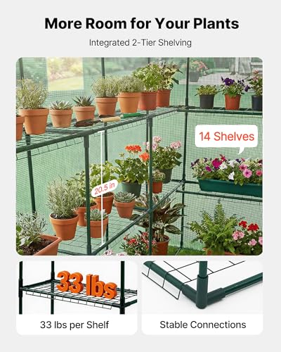 Image of VEVOR Walk-in Greenhouse, 54 inch x 81.1 inch x 77.2 inch Greenhouse for Outdoors with Windows, PE Cover, 2 Tiers 14 Shelves, Roll-Up Zipper Door, Walk in Green House, Portable Plant Garden Hot House for Backyard