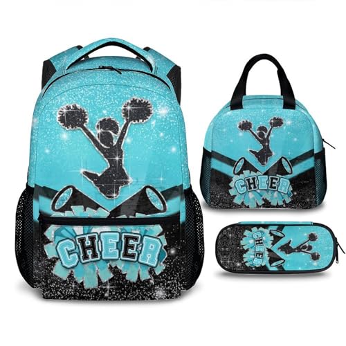 Girls Backpack - Set of 3 Cheer Backpack Gift for Kids Teens School - 17Inch Lightweight Girls Glitter Cheerleading Bookbag for Kindergarten Preschool Primary
