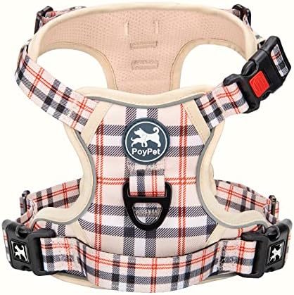 PoyPet Plaid Dog Harness, No Pull Front Clip Pet Vest Harness, Soft Padded Reflective Adjustable Walking Harness with Handle for Large Medium Small Dogs(Checkered Beige,M)