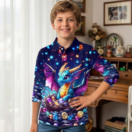 WELLFLYHOM Boys Golf Shirts 3-16T Long Sleeve School Uniform Collared Tennis Shirts Graphic Activewear for Fall Spring3