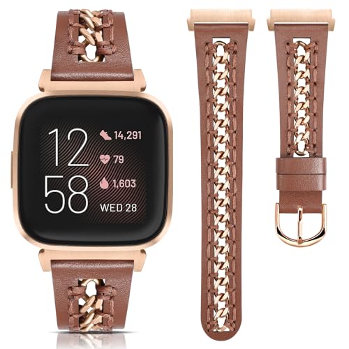 Minyee Leather Band Compatible with Fitbit Versa 2/Fitbit Versa/Versa Lite Bands Women, Dressy Premium Leather Designer Strap with Stainless Steel Metal Chain for Versa 2 Smartwatch, Brown/Rose Gold