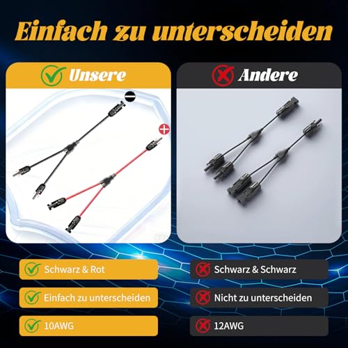 6 mm² Solarkabel Y-Verteiler, 4 Paar Solarkabel Y-Verteiler Solarpanel-Kabel MMF+FFM, 10AWG Solarpanel Y Stecker 1Y2, Solarpanel Kabelstecker, Photovoltaik Steckverbinder