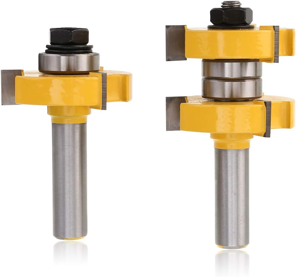 Tongue Groove Router Bit Set 2Pcs 1/2" Shank Rabbeting Router Bit 3 Teeth T-Shape Wood Milling Cutter Adjustable Trim Woodworking Tool