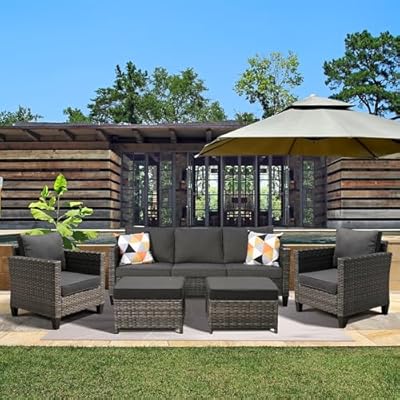 ovios Patio Furniture Set, 5 Pieces Outdoor Wicker Rattan Sofa Couch with Ottomans and Comfy Cushions, All Weather High Back Conversation Set for Backyard Porch Garden, Black